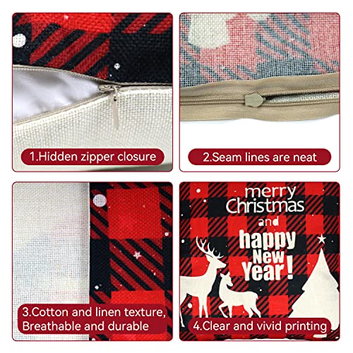 QETRABONE 4 Pack Christmas Cushion Covers, Christmas Decorations Throw Pillow Covers for Sofa Xmas Room Decorations 18'' x 18'' Cotton Linen Decorative Christmas Square Pillowcase Room Decorations