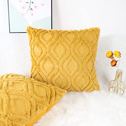 NIULAA Set of 2 Fluffy Faux Fur Cushion Covers 50cm x 50cm Mustard Yellow Embroidered Boho Decorative Throw Pillow Cases Velvet Cushion Cover 20x20 Inches for Sofa Living Room Farmhouse