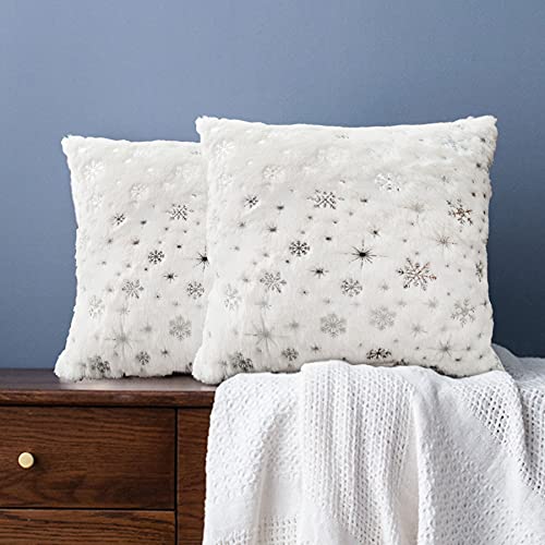 LIGICKY Set of 2 Fluffy White Faux Fur Pillow Covers with Silver Snowflake Glitter Printed Throw Pillows Decorative Soft Furry Sparkling Square Cushion Cases for Sofa Bedroom Party Décor, 18 x 18 Inch