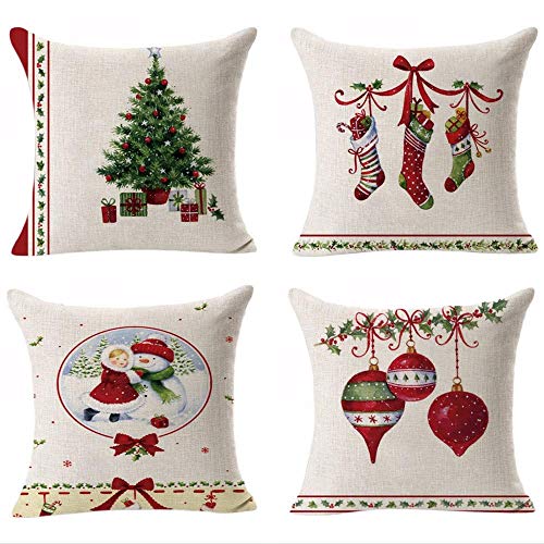 Hangood Cotton Linen Throw Pillow Case Cushion Covers Christmas Tree Ball Stockings 20X20 Set of 4pcs 50cm x 50cm