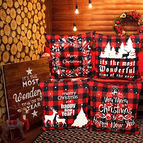 QETRABONE 4 Pack Christmas Cushion Covers, Christmas Decorations Throw Pillow Covers for Sofa Xmas Room Decorations 18'' x 18'' Cotton Linen Decorative Christmas Square Pillowcase Room Decorations