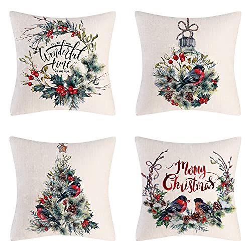 BCKAKQA Christmas Decorative Throw Pillow Covers 18x18 inch Set of 4 Red and Dark Green Cushion Covers 45cm x 45cm Linen Square Pillowcases for Living Room Sofa Couch Bed Cushions