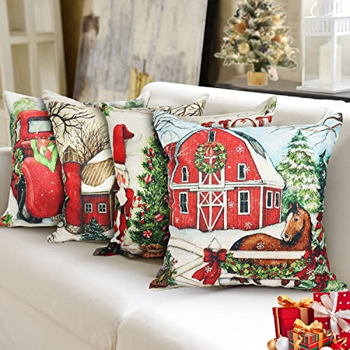 cykapu 4Pc Christmas Cushion Cover, Christmas Decorations Pillow Covers Xmas Tree House Car Santa Linen, Christmas Pillow Cover for Sofa Home Décor Xmas Gifts New Year Party, 45CM*45CM