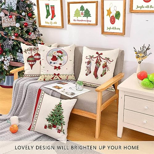 Hangood Cotton Linen Throw Pillow Case Cushion Covers Christmas Tree Ball Stockings 20X20 Set of 4pcs 50cm x 50cm