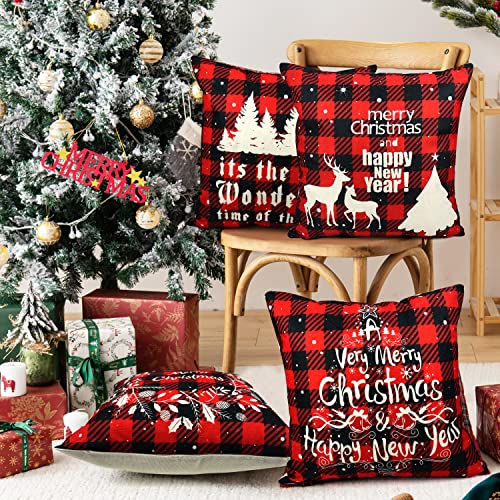 QETRABONE 4 Pack Christmas Cushion Covers, Christmas Decorations Throw Pillow Covers for Sofa Xmas Room Decorations 18'' x 18'' Cotton Linen Decorative Christmas Square Pillowcase Room Decorations