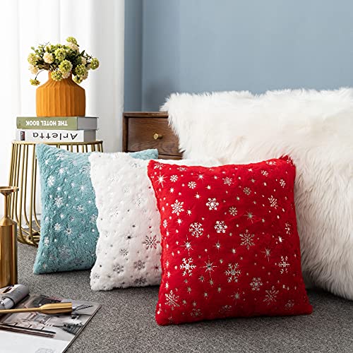 LIGICKY Set of 2 Fluffy White Faux Fur Pillow Covers with Silver Snowflake Glitter Printed Throw Pillows Decorative Soft Furry Sparkling Square Cushion Cases for Sofa Bedroom Party Décor, 18 x 18 Inch