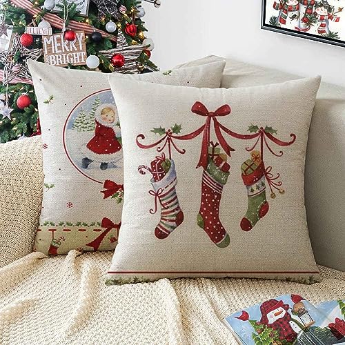 Hangood Cotton Linen Throw Pillow Case Cushion Covers Christmas Tree Ball Stockings 20X20 Set of 4pcs 50cm x 50cm