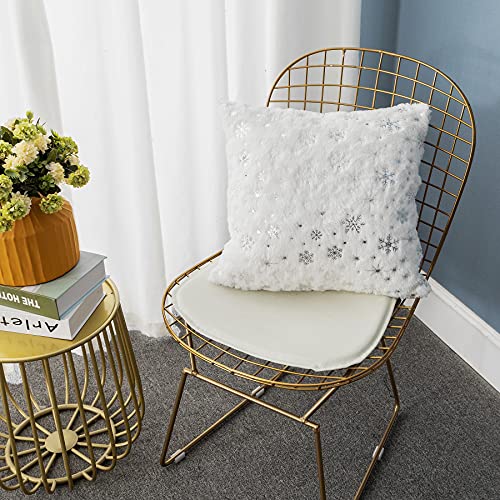 LIGICKY Set of 2 Fluffy White Faux Fur Pillow Covers with Silver Snowflake Glitter Printed Throw Pillows Decorative Soft Furry Sparkling Square Cushion Cases for Sofa Bedroom Party Décor, 18 x 18 Inch