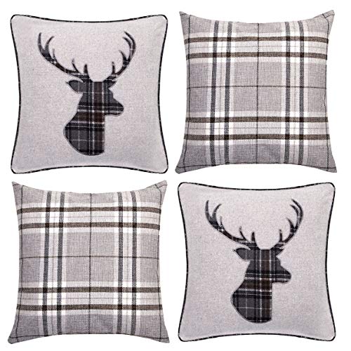 Red Rainbow Set of 4 Tartan Stag & Tartan Check Grey Collection 18 inch / 45cm Cushion Covers