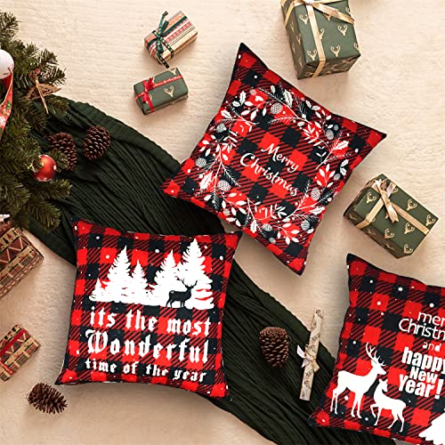 QETRABONE 4 Pack Christmas Cushion Covers, Christmas Decorations Throw Pillow Covers for Sofa Xmas Room Decorations 18'' x 18'' Cotton Linen Decorative Christmas Square Pillowcase Room Decorations