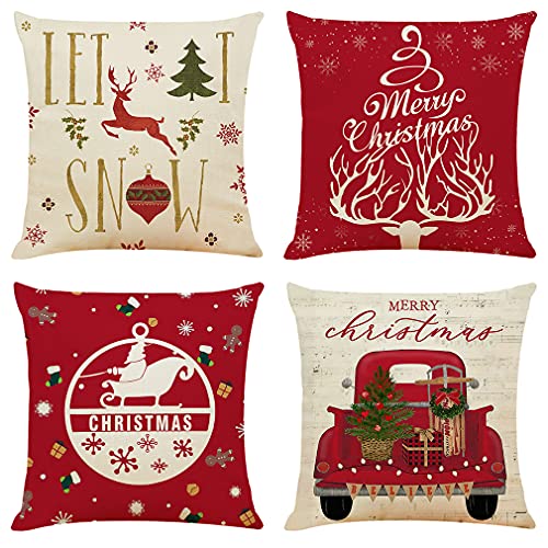 OYIMUA Set of 4 Decorative Cushion Covers 40 x 40 cm Christmas Linen Deer Cushion Covers 16 x 16 inches Red Square Pillow Case for Outdoor Furniture Garden Living Room Sofa Farmhouse Decor