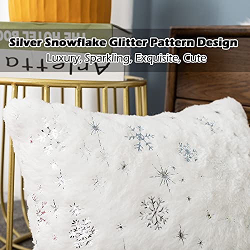 LIGICKY Set of 2 Fluffy White Faux Fur Pillow Covers with Silver Snowflake Glitter Printed Throw Pillows Decorative Soft Furry Sparkling Square Cushion Cases for Sofa Bedroom Party Décor, 18 x 18 Inch