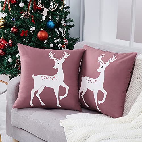 CAROMIO Christmas Cushion Cover Velvet with Deer Partern, Soft Square Decorative Throw Pillow Cases for Sofa Couch Bedroom,Christmas Cushion Cover,Pink,18x18 Inch,2er Pack