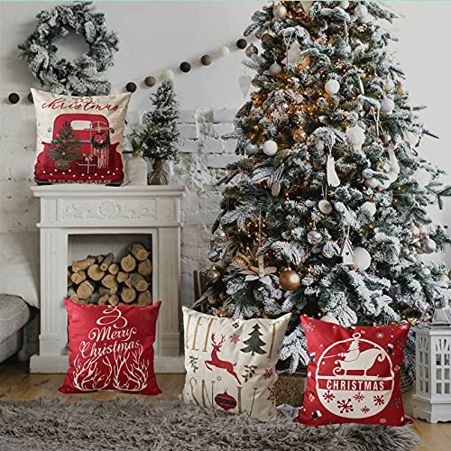 OYIMUA Set of 4 Decorative Cushion Covers 40 x 40 cm Christmas Linen Deer Cushion Covers 16 x 16 inches Red Square Pillow Case for Outdoor Furniture Garden Living Room Sofa Farmhouse Decor