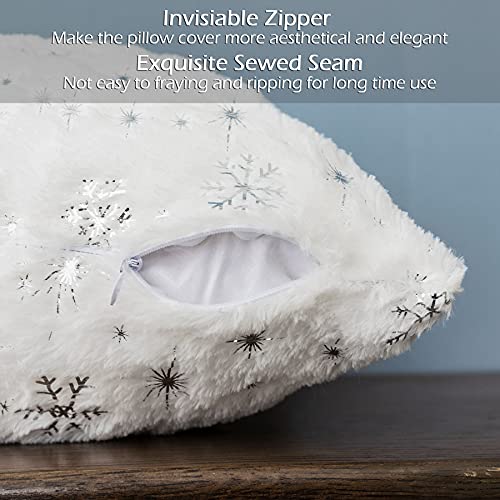 LIGICKY Set of 2 Fluffy White Faux Fur Pillow Covers with Silver Snowflake Glitter Printed Throw Pillows Decorative Soft Furry Sparkling Square Cushion Cases for Sofa Bedroom Party Décor, 18 x 18 Inch
