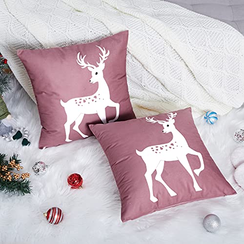 CAROMIO Christmas Cushion Cover Velvet with Deer Partern, Soft Square Decorative Throw Pillow Cases for Sofa Couch Bedroom,Christmas Cushion Cover,Pink,18x18 Inch,2er Pack