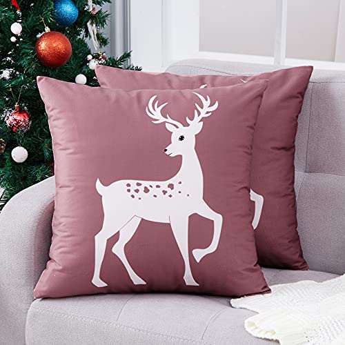 CAROMIO Christmas Cushion Cover Velvet with Deer Partern, Soft Square Decorative Throw Pillow Cases for Sofa Couch Bedroom,Christmas Cushion Cover,Pink,18x18 Inch,2er Pack