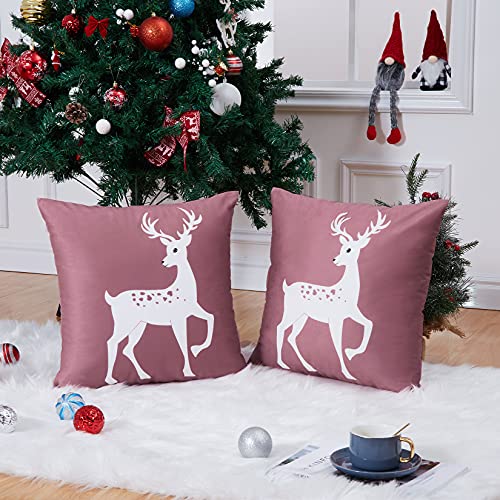 CAROMIO Christmas Cushion Cover Velvet with Deer Partern, Soft Square Decorative Throw Pillow Cases for Sofa Couch Bedroom,Christmas Cushion Cover,Pink,18x18 Inch,2er Pack