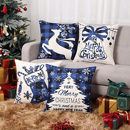 CAROMIO Christmas Decorations Pillow Covers 4 Pack, Christmas Tree Socks Reindeer Home Decor Linen Cushion Cover Xmas Holiday Farmhouse Home Bedroom Decorative Cushion, 18 Inch Blue
