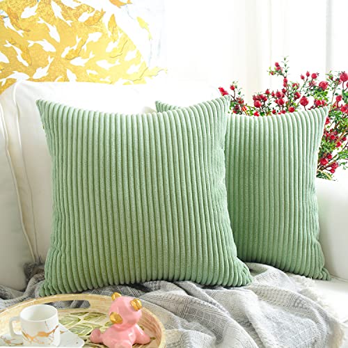 MERNETTE New Year/Christmas Decorations Corduroy Soft Decorative Square Throw Pillow Cover Cushion Covers Pillowcase, Home Decor for Party/Xmas 18x18 Inch/45x45 cm, Bean Green, Set of 2