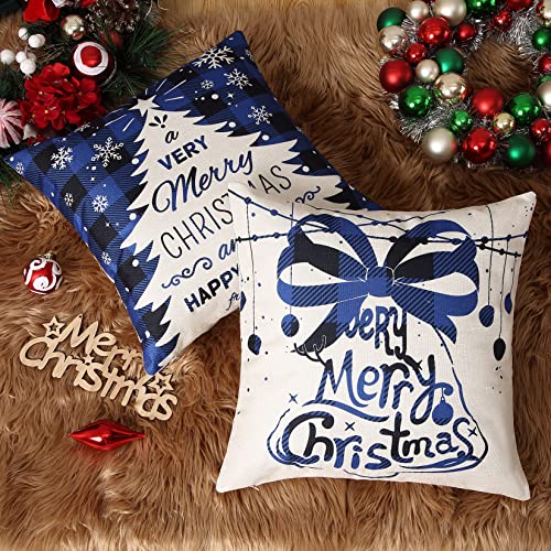 CAROMIO Christmas Decorations Pillow Covers 4 Pack, Christmas Tree Socks Reindeer Home Decor Linen Cushion Cover Xmas Holiday Farmhouse Home Bedroom Decorative Cushion, 18 Inch Blue
