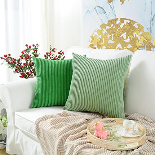 MERNETTE New Year/Christmas Decorations Corduroy Soft Decorative Square Throw Pillow Cover Cushion Covers Pillowcase, Home Decor for Party/Xmas 18x18 Inch/45x45 cm, Bean Green, Set of 2