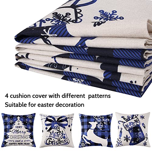 CAROMIO Christmas Decorations Pillow Covers 4 Pack, Christmas Tree Socks Reindeer Home Decor Linen Cushion Cover Xmas Holiday Farmhouse Home Bedroom Decorative Cushion, 18 Inch Blue