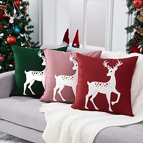 CAROMIO Christmas Cushion Cover Velvet with Deer Partern, Soft Square Decorative Throw Pillow Cases for Sofa Couch Bedroom,Christmas Cushion Cover,Pink,18x18 Inch,2er Pack