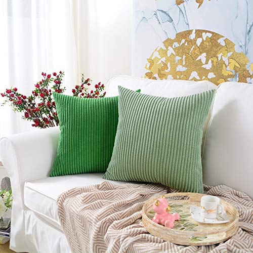 MERNETTE New Year/Christmas Decorations Corduroy Soft Decorative Square Throw Pillow Cover Cushion Covers Pillowcase, Home Decor for Party/Xmas 18x18 Inch/45x45 cm, Bean Green, Set of 2