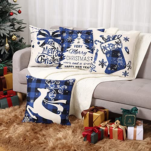 CAROMIO Christmas Decorations Pillow Covers 4 Pack, Christmas Tree Socks Reindeer Home Decor Linen Cushion Cover Xmas Holiday Farmhouse Home Bedroom Decorative Cushion, 18 Inch Blue