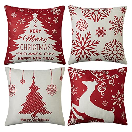 CAROMIO Chrismas Cushion Covers Set of 4, Linen Christmas Design Pillow Covers Red Xmas Cushion Covers Pillow Cases for Sofa Car Home Christmas Decorations,45x45 cm