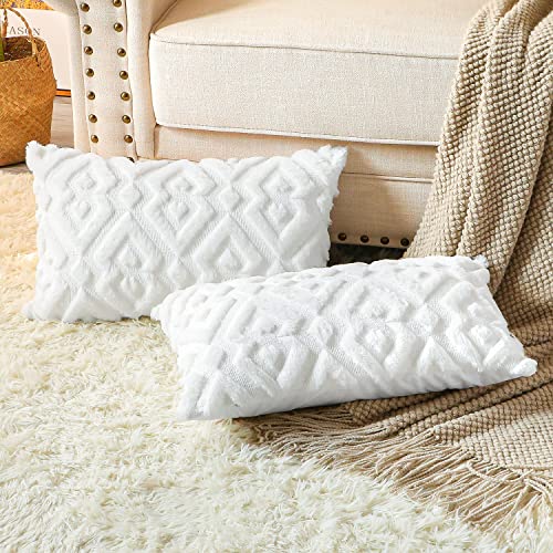 Artscope Pack of 2 Soft Plush Short Wool Velvet Decorative Cushion Covers Luxury Style Throw Pillow Covers European Pillow Shell for Sofa Bedroom Diamond Shape Pure White, 30x50cm
