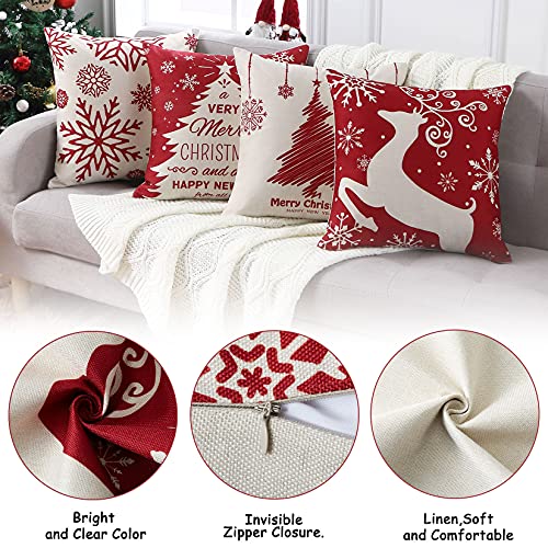 CAROMIO Chrismas Cushion Covers Set of 4, Linen Christmas Design Pillow Covers Red Xmas Cushion Covers Pillow Cases for Sofa Car Home Christmas Decorations,45x45 cm