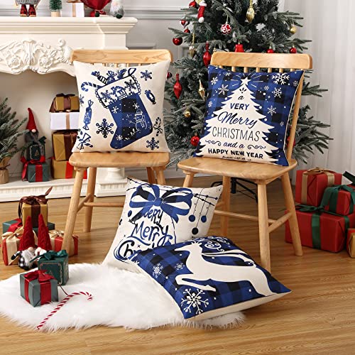 CAROMIO Christmas Decorations Pillow Covers 4 Pack, Christmas Tree Socks Reindeer Home Decor Linen Cushion Cover Xmas Holiday Farmhouse Home Bedroom Decorative Cushion, 18 Inch Blue