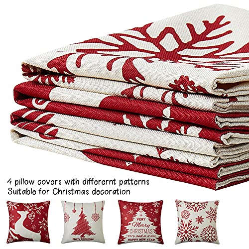 CAROMIO Chrismas Cushion Covers Set of 4, Linen Christmas Design Pillow Covers Red Xmas Cushion Covers Pillow Cases for Sofa Car Home Christmas Decorations,45x45 cm