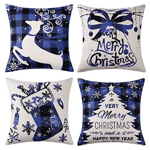 CAROMIO Christmas Decorations Pillow Covers 4 Pack, Christmas Tree Socks Reindeer Home Decor Linen Cushion Cover Xmas Holiday Farmhouse Home Bedroom Decorative Cushion, 18 Inch Blue