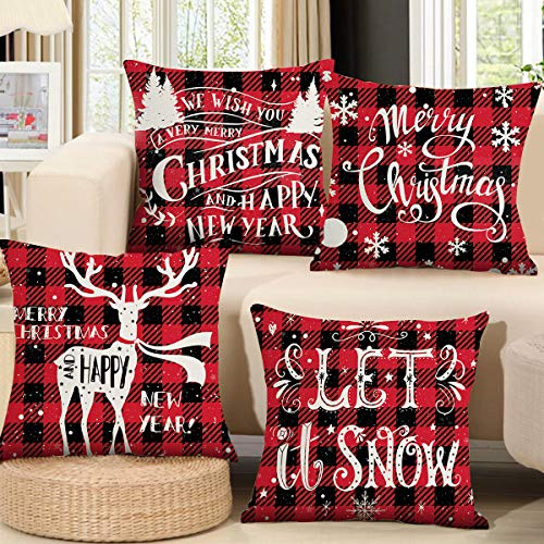 Christmas Cushion Covers Set of 4 - Red Black Tartan Xmas Cushion Covers 18x18, Linen Christmas Design Cushion Covers Christmas Square Pillowcase for Sofa Car Home Christmas Decor Xmas Decorations
