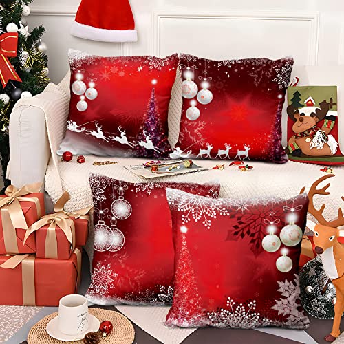 Aoihrraan Cushion Covers, Set of 4 Christmas Red Xmas Pillowcase Square Linen Throw Pillow Cover With Invisible Zipper for Sofa Car Outdoor Garden Bed Couch House Decorative 18" X 18"