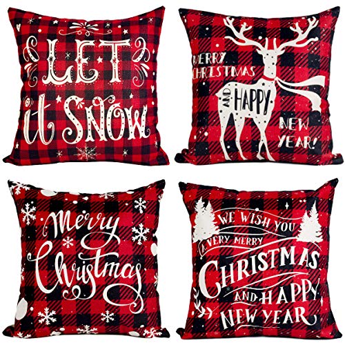 Christmas Cushion Covers Set of 4 - Red Black Tartan Xmas Cushion Covers 18x18, Linen Christmas Design Cushion Covers Christmas Square Pillowcase for Sofa Car Home Christmas Decor Xmas Decorations