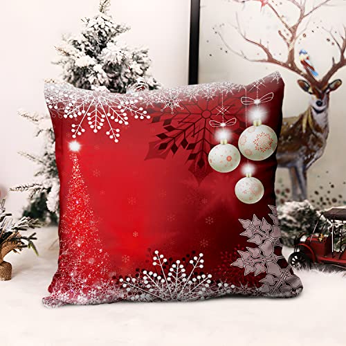 Aoihrraan Cushion Covers, Set of 4 Christmas Red Xmas Pillowcase Square Linen Throw Pillow Cover With Invisible Zipper for Sofa Car Outdoor Garden Bed Couch House Decorative 18" X 18"
