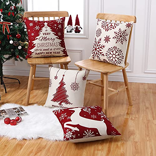 CAROMIO Chrismas Cushion Covers Set of 4, Linen Christmas Design Pillow Covers Red Xmas Cushion Covers Pillow Cases for Sofa Car Home Christmas Decorations,45x45 cm