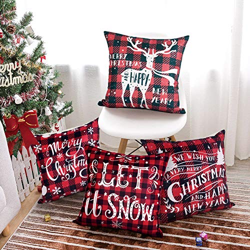 Christmas Cushion Covers Set of 4 - Red Black Tartan Xmas Cushion Covers 18x18, Linen Christmas Design Cushion Covers Christmas Square Pillowcase for Sofa Car Home Christmas Decor Xmas Decorations