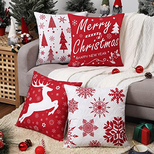 JOLLYTOP Cushion Covers Christmas Decoration Pillow Cases for Home Xmas Pillow Cover with Letter Cushion Cover in linen Look Farmhouse Pillowcovers, Pack of 4, Red,18x18