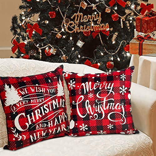 Christmas Cushion Covers Set of 4 - Red Black Tartan Xmas Cushion Covers 18x18, Linen Christmas Design Cushion Covers Christmas Square Pillowcase for Sofa Car Home Christmas Decor Xmas Decorations