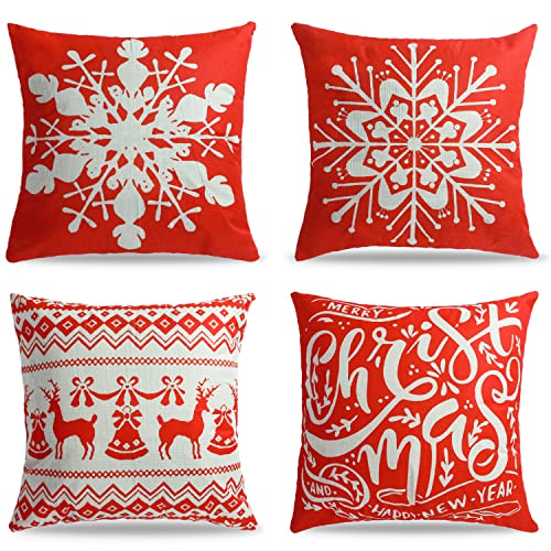Sixome 4Pcs Christmas Pillow Case Linen Throw Pillow Covers Red White Pillow Cover Snowflake Cushion Cases Throw Cushion Cover for Home Office Sofa Bed Merry Christmas Decoration (Red+white-A)