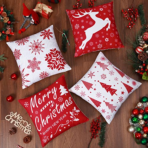 JOLLYTOP Cushion Covers Christmas Decoration Pillow Cases for Home Xmas Pillow Cover with Letter Cushion Cover in linen Look Farmhouse Pillowcovers, Pack of 4, Red,18x18