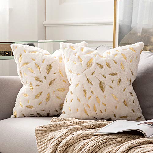 MIULEE Faux Fur Cushion Covers Fluffy Throw Pillow Covers Gold Feathers Soft Decorative White Square Luxurious Pillowcase for Livingroom Sofa Bedroom 18 x 18 Inches 45 x 45 cm Pack of 2