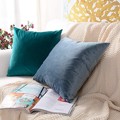 MERNETTE New Year/Christmas Decorations Velvet Soft Decorative Square Throw Pillow Cover Cushion Covers Pillowcase, Home Decor for Party/Xmas 18x18 Inch/45x45 cm, Peacock, Set of 2