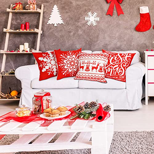 Sixome 4Pcs Christmas Pillow Case Linen Throw Pillow Covers Red White Pillow Cover Snowflake Cushion Cases Throw Cushion Cover for Home Office Sofa Bed Merry Christmas Decoration (Red+white-A)