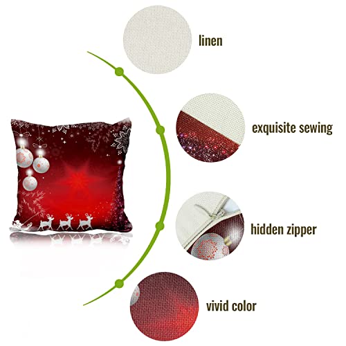 Aoihrraan Cushion Covers, Set of 4 Christmas Red Xmas Pillowcase Square Linen Throw Pillow Cover With Invisible Zipper for Sofa Car Outdoor Garden Bed Couch House Decorative 18" X 18"